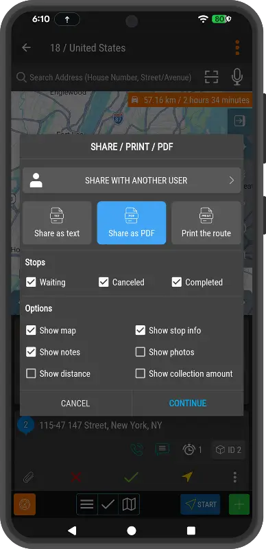 Print or share the route